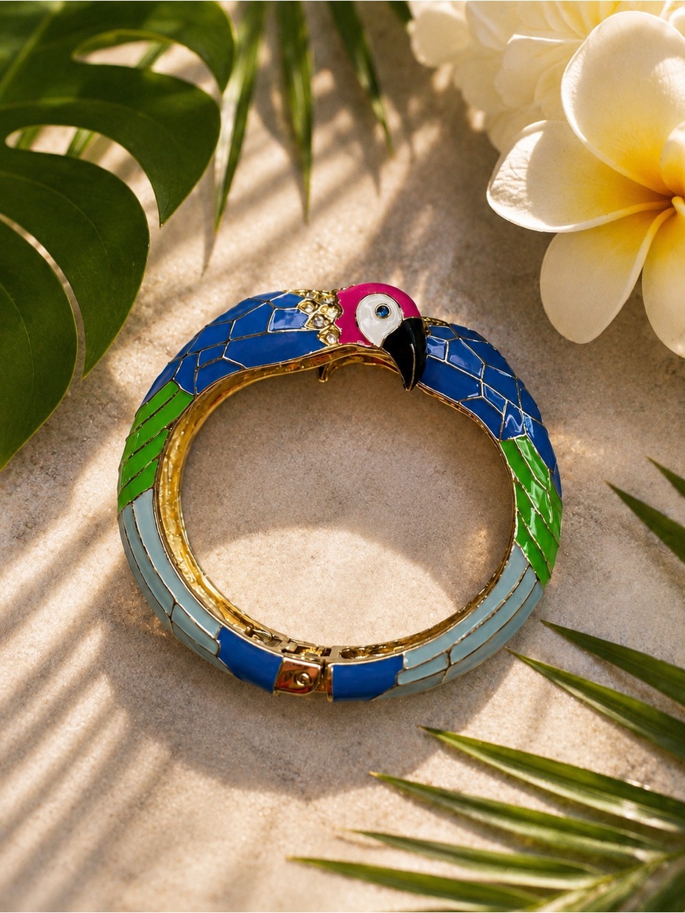 Tommy Bahama Enamel Parrot Hinged Bangle Bracelet | Gold Tone Tropical